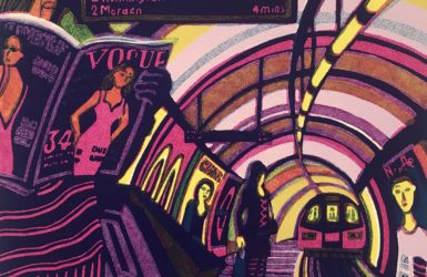 Gail Brodholt linocut of the Northern Line Tube travel journey