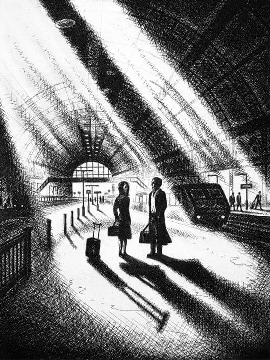 Film Noir-style black and white etching of a couple having a 'brief encounter' on a station platform 