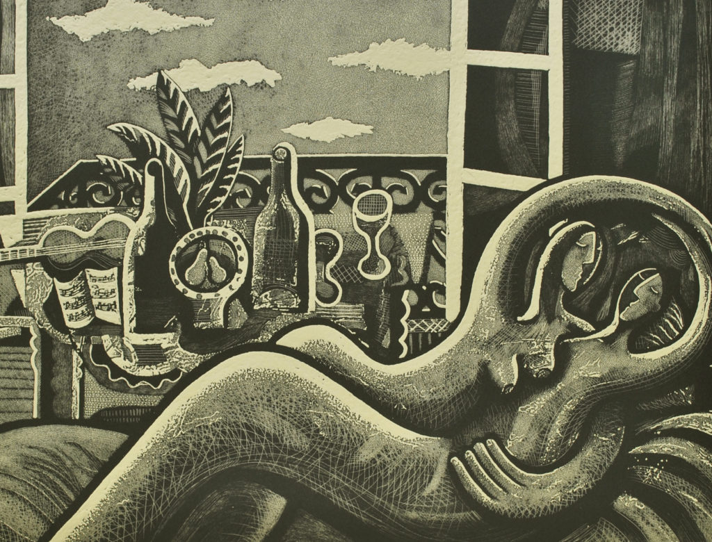 black and white etching of two lovers entwined by an open window
