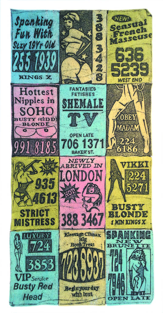 Collagraph print of Soho phone box-style 'massage' flyers