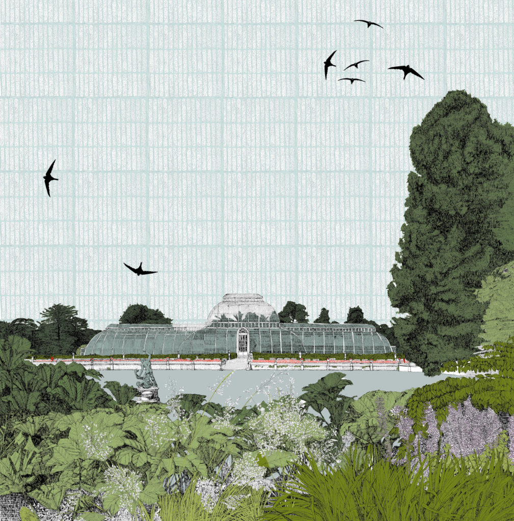 Screenprint of Kew Gardens glasshouse by Clare Halifax