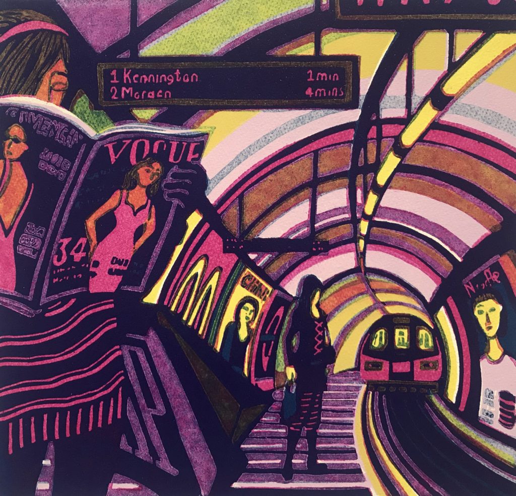 Gail Brodholt linocut of the Northern Line Tube travel journey