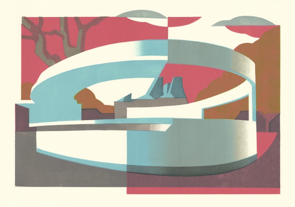 Linocut of Lubetkin modernist Penguin Pool at London Zoo by architectural printmaker Paul Catherall