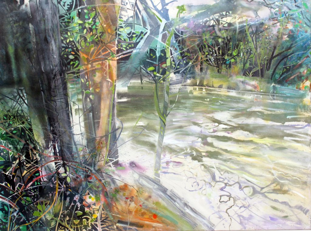 Painting by landscape artist David Wiseman of Pitshanger river, Ealing, in the winter