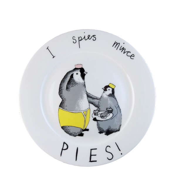 Quirky illustrated plate featuring penguins and mince pies