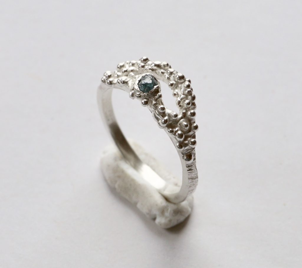 Delicate recycled silver ring inspired by moss and lichen